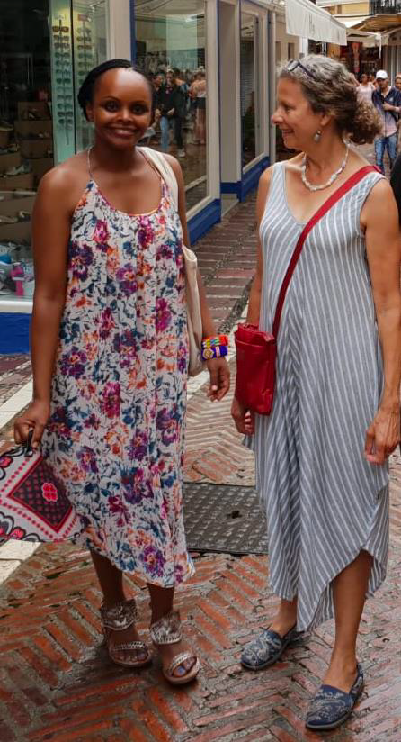 Maureen and Rene on the street in Spain.