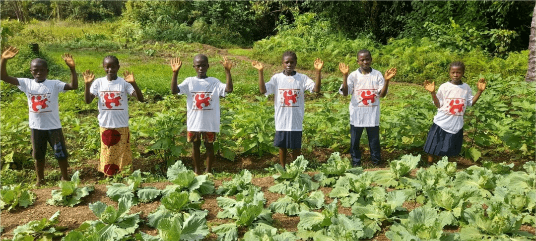 Students greet the camera from afar surrounded by green farm fields.